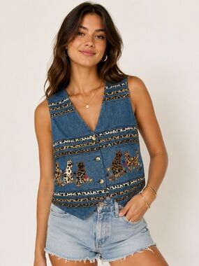 Casey & Max Vintage Cotton Cat Embroidered Animal Print Vest Sz. S